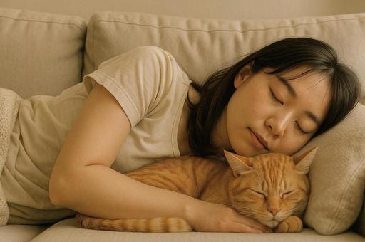 猫と昼寝をする女性 猫と昼寝をする女性の写真
