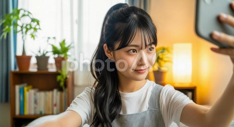 スマホで自撮りをする笑顔の女 女性,スマホ,自撮りの写真素材