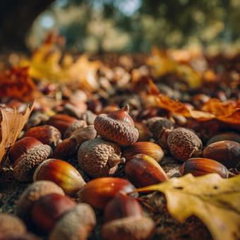 森の地面に落ちたドングリと秋の落ち葉の写真