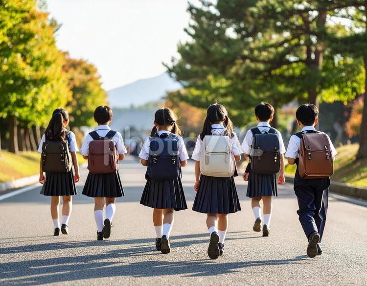 通学中の子供達の後ろ姿 通学,子供,風景の写真素材