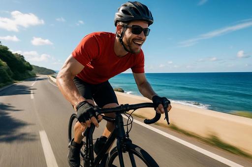 自転車でツーリング 海沿サイクリング男性 自転車でツーリング 海沿サイクリング男性の写真