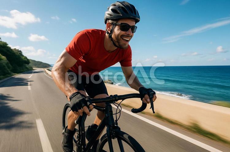 自転車でツーリング　海沿サイクリング男性 人物,自転車,ツーリングの写真素材