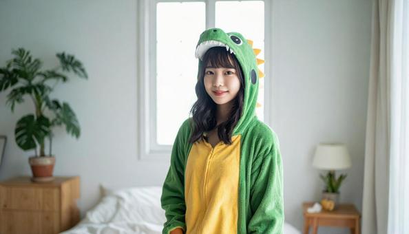 恐竜のパーカーを着る女性 恐竜のパーカーを着る女性の写真
