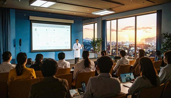 治験の説明会で患者へ詳細を説明する医師 治験の説明会で患者へ詳細を説明する医師の写真