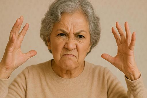 怒る70代女性の表情 怒る70代女性の表情の写真
