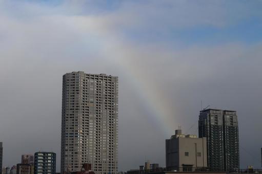 高層ビルの街並みと虹と雲の多い青空の風景 高層ビルの街並みと虹と雲の多い青空の風景 高層ビル,街並み,虹jの写真素材