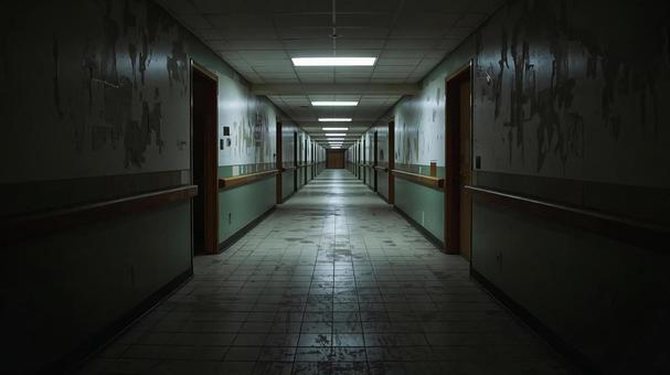 壁がはがれた不気味な病院の廊下 壁がはがれた不気味な病院の廊下の写真