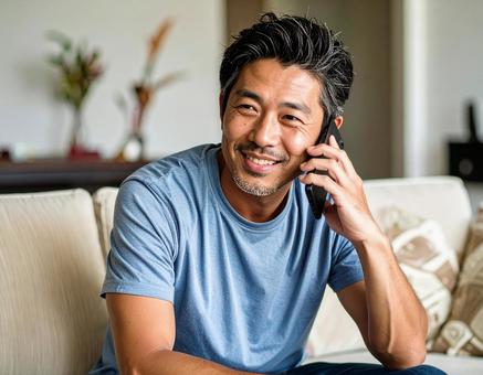 自宅で通話をする男性 自宅で通話をする男性の写真