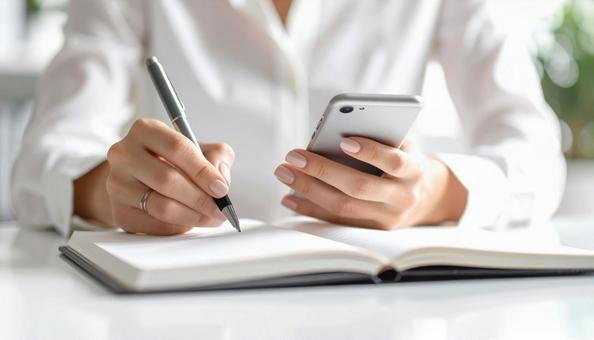 The hands of an office worker taking notes in a notebook, business, notes, notebook, JPG