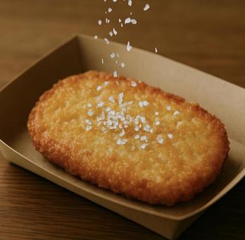 揚げたてのハッシュドポテトに塩をふる 揚げたてのハッシュドポテトに塩をふるの写真