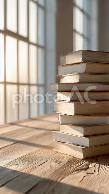 窓辺の自然光に照らされた本の積み重ね風景 本,読書,窓辺の写真素材