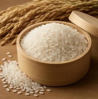 収穫後のお米と稲穂の写真