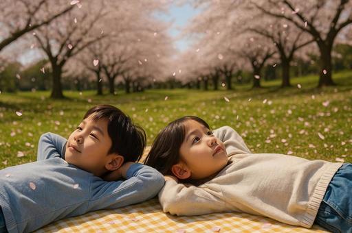 桜舞う春のピクニック風景 桜舞う春のピクニック風景の写真
