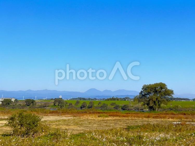 利根川河川敷からの風景 河川敷,利根川,山脈の写真素材