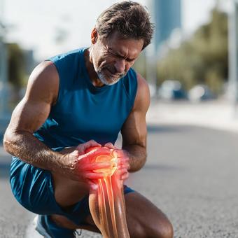 痛む膝を抱える男性 痛む膝を抱える男性の写真