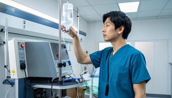 輸液ポンプの点検をする日本人看護師 輸液ポンプの点検をする日本人看護師の写真