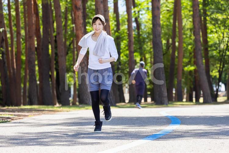 公園をランニングする女性 女性,ランニング,走るの写真素材