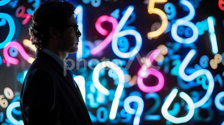 数字に囲まれた男性 男性,数字,混乱の写真素材