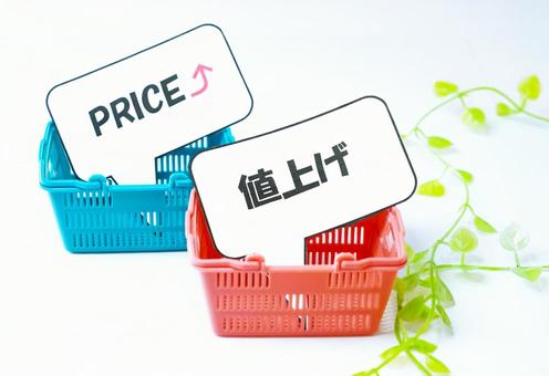 買い物かご（値上げ、PRICE）② 買い物かご,ピンク,ブルーの写真素材