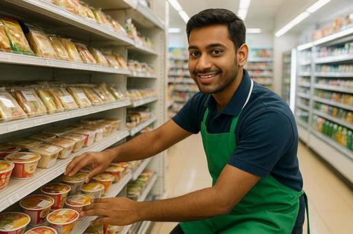 商品を棚に並べているコンビニ外国人店員 商品を棚に並べているコンビニ外国人店員の写真
