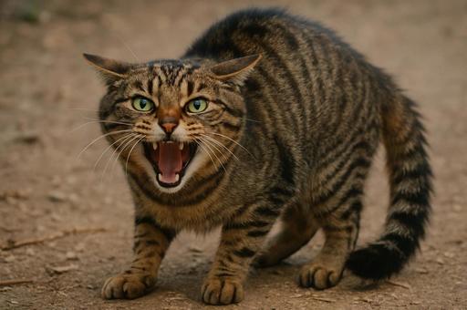 威嚇するキジトラ猫 威嚇するキジトラ猫の写真