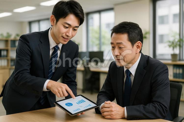 上司へ報告する社員 日本人,上司,部下の写真素材
