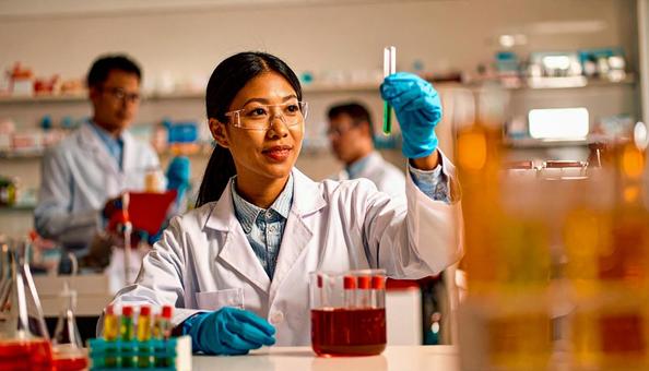 研究所で実験をする女性の研究者 研究所で実験をする女性の研究者の写真