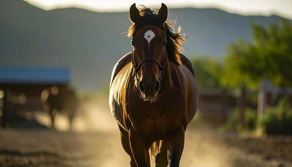 牧場を歩く馬 牧場を歩く馬の写真