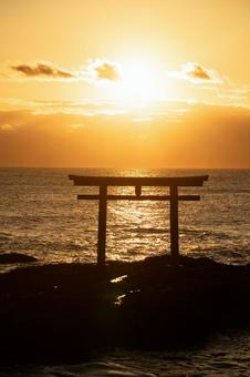 神磯の鳥居 鳥居,神磯の鳥居,朝焼けの写真素材