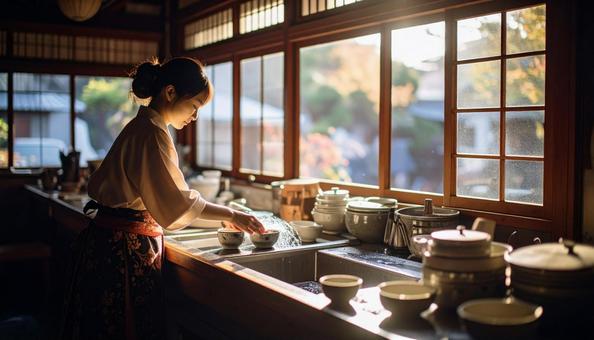 レストランの洗い場で皿を洗うスタッフ レストランの洗い場で皿を洗うスタッフの写真