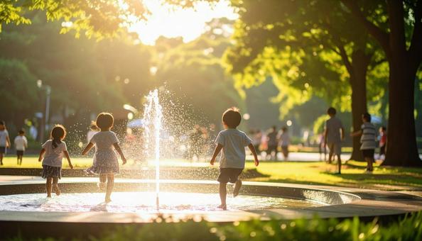 公園の噴水で水遊びする夏の日本人の子供の写真