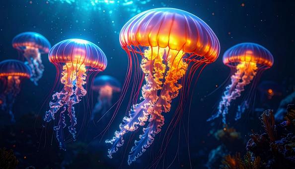 輝く触手を広げるクラゲの群れの写真