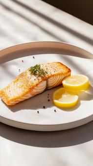 Grilled salmon with lemon and light shadows, salmon, grilled fish, lemon, JPG