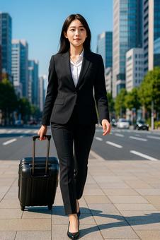 スーツケースを持って歩く女性の写真