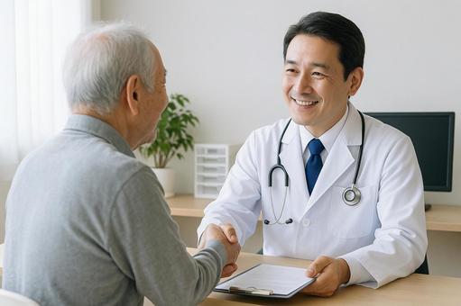 握手する医師と高齢患者 握手する医師と高齢患者の写真