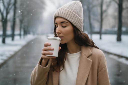 冬の街並みでコーヒーを持つ女性 冬の街並みでコーヒーを持つ女性の写真