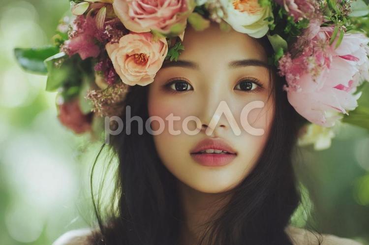 花冠をつけた透明感ある美しい女性・花飾り 花冠,女性,美しいの写真素材