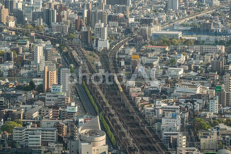 上空から見る名古屋の街並み 名古屋,愛知,線路の写真素材