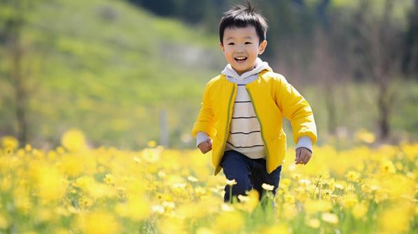 spring field and japanese boy, spring, grassland, field, JPG