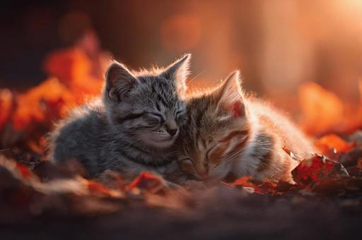赤い落ち葉の上で、寄り添う猫たち 赤い落ち葉の上で、寄り添う猫たちの写真
