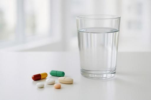 薬と水の入ったコップ　清潔感のある部屋の写真