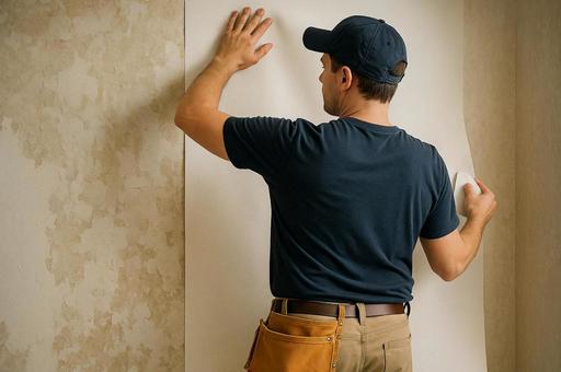 壁紙を貼る作業員男性 壁紙を貼る作業員男性の写真