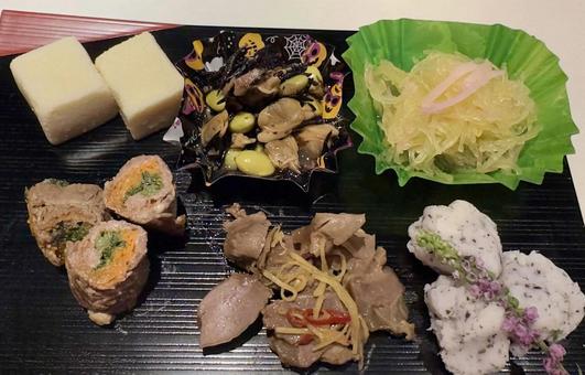 料理六種盛り合わせ 料理六種盛り,牛肉の華巻き,砂肝の薬膳煮の写真素材