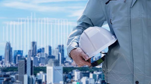 Construction workers against the backdrop of the city, строительный оператор, город, рабочие, JPG