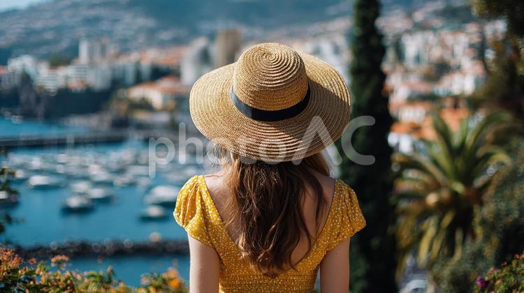海と山を望む旅の景色 女性,後ろ姿,麦わら帽子の写真素材