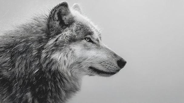 雪に覆われたオオカミの横顔の写真