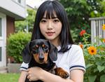 ダックスフンドを飼いました 人物,女性,ダックスフンドの写真素材