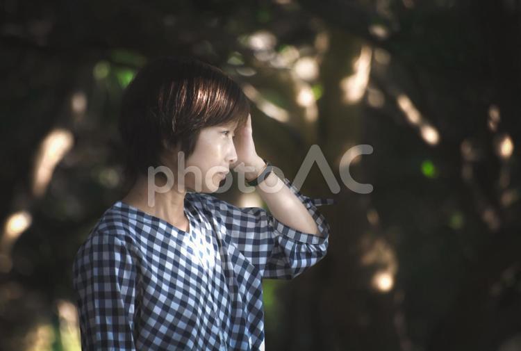 ※＜素材＞森の中で道を見失い迷う女性 女性,人物,悩むの写真素材