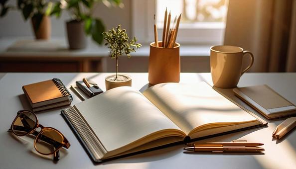 テーブルに並んだノートや文房具の写真