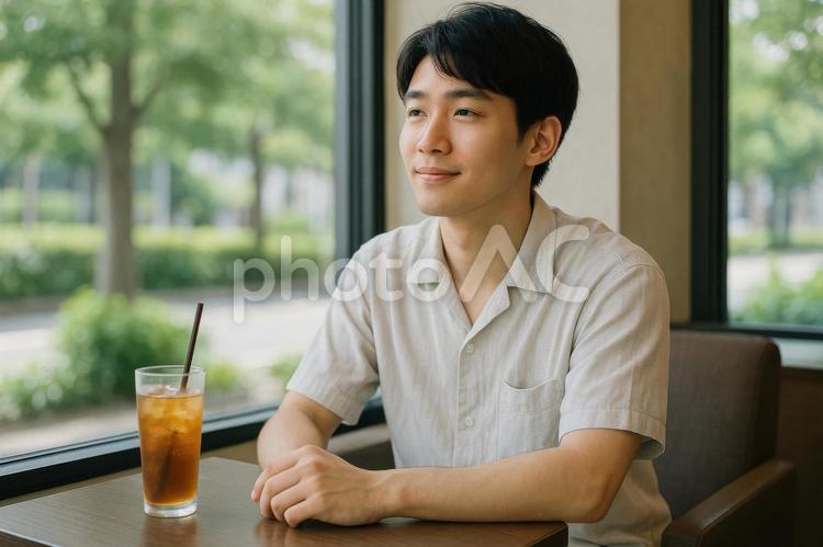 冷房カフェでくつろぐ若者 男性,日本,夏の写真素材